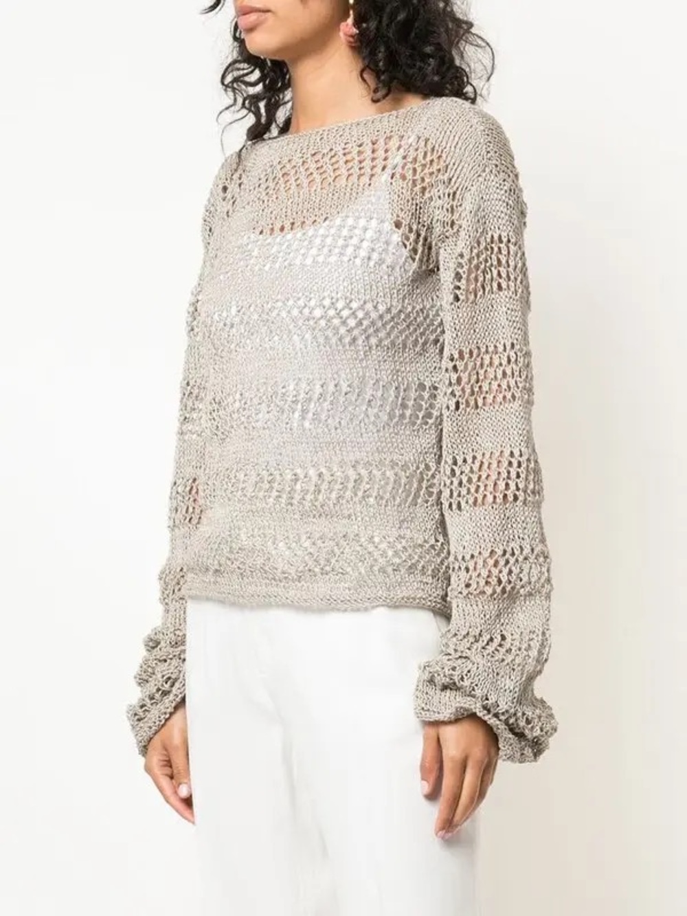 VOZ 100% Baby Alpaca Handwoven Open Knit Bell Sleeve Sweater Size S